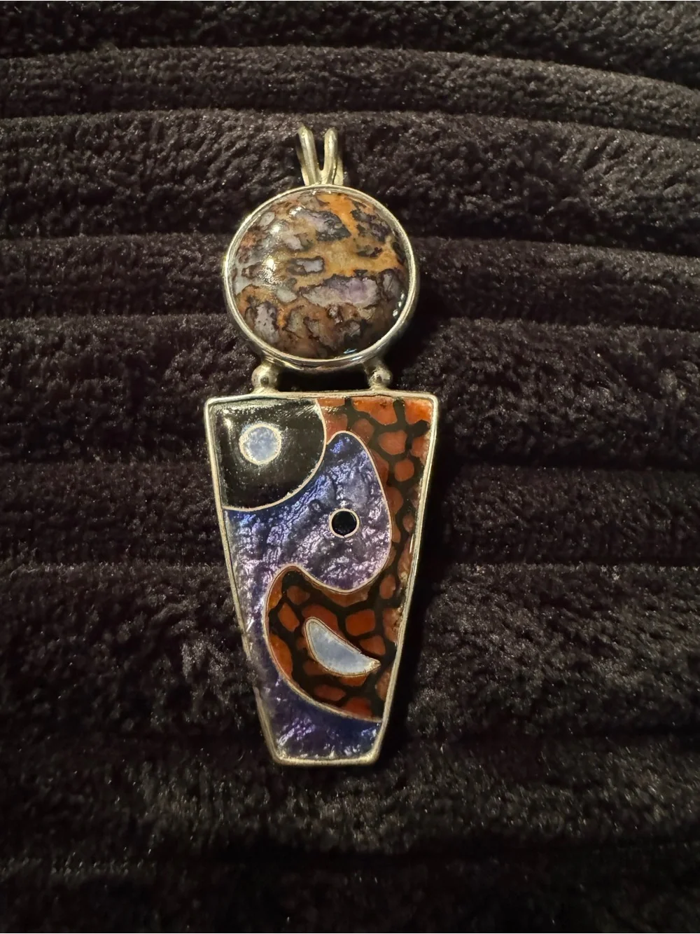 Sterling-Inspired Purple and Brown Abstract Enamel Pendant